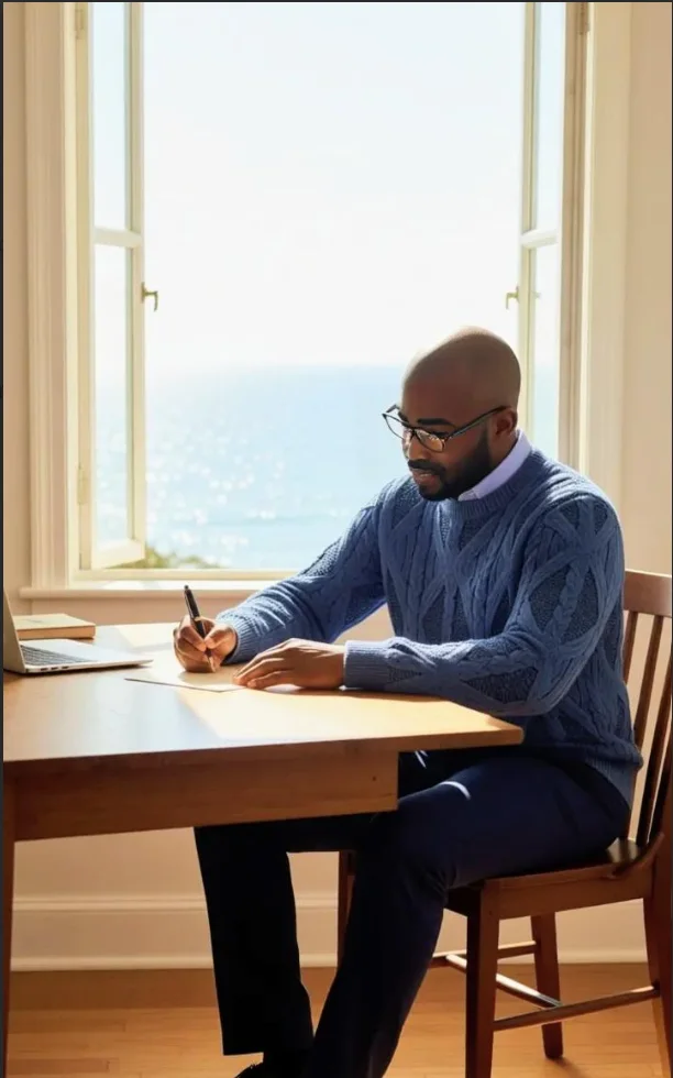 Clif sitting at a table by a window and writing in a notebook