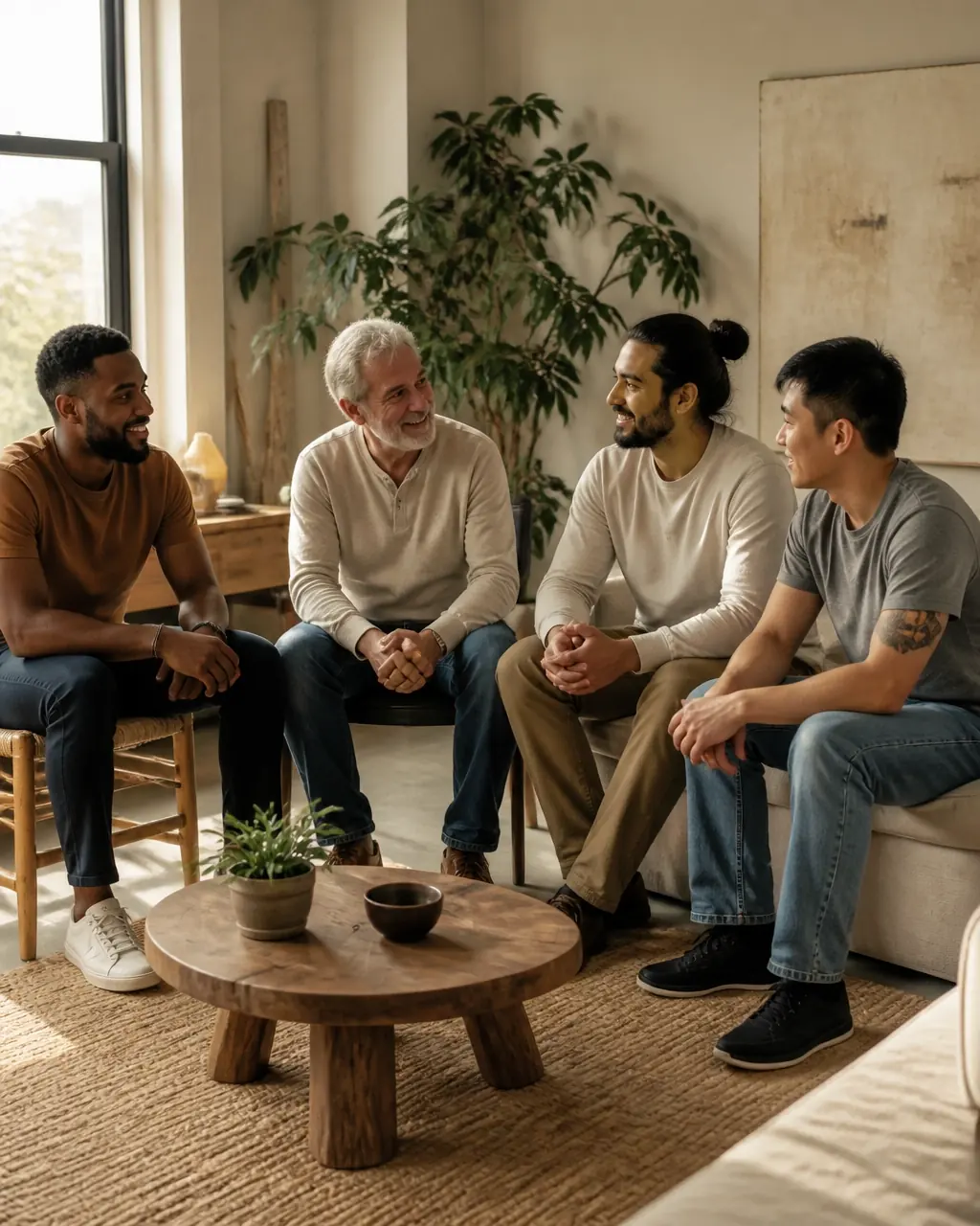 A diverse group of men sharing a warm, supportive coaching conversation