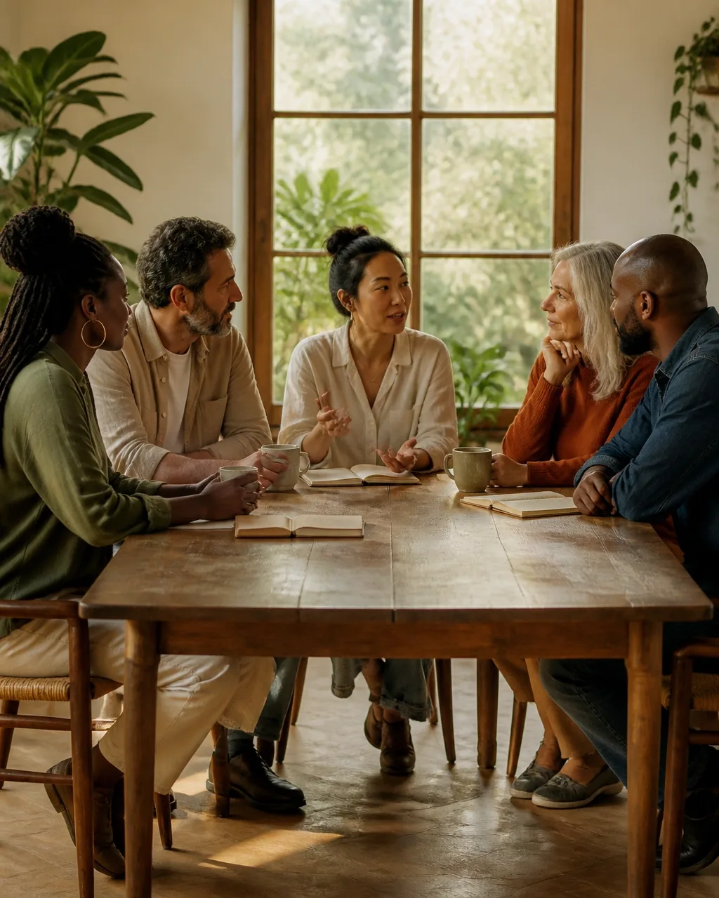 A diverse group of adults gathered around a table in a warm, supportive conversation
